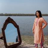 Peach And Pink Cotton Kurta Set With Hand Embroidery