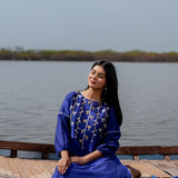 Blue Cotton Kurta Set With Hand Embroidery And Leheriya Dupatta