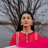 Red And Blue Cotton Kurta Set With Hand Embroidery