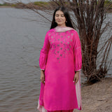 Pink And White Cotton Kurta Set With Hand Embroidery