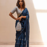Blue Gota Patti Chinon Saree With Grey Cotton Silk Blouse