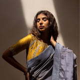 Grey Gota Patti Chinon Saree With Mustard Cotton Silk Blouse