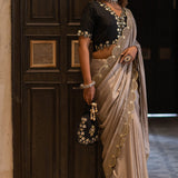 Beige Gota Patti Chinon Saree With Black Cotton Silk Blouse