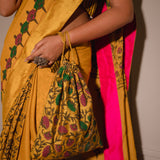 Mustard Hand Blocked Chinon Saree Set