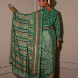 Pastel Green Hand Blocked Chinon Saree Set