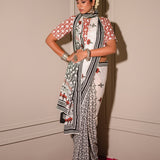 Monochrome Hand Blocked Chinon Saree Set