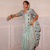 Pastel Blue Hand Blocked Chinon Saree Set