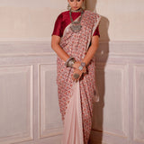 Blush Pink Hand Blocked Chinon Saree Set