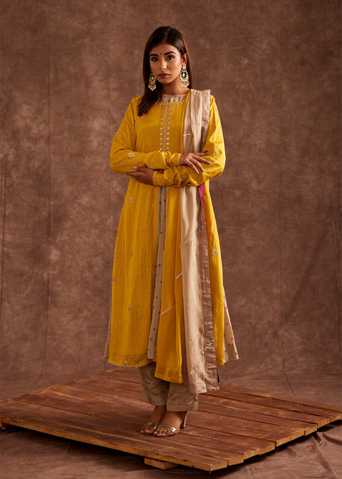 <img> Yellow Pure Chinon Gota Patti Jacketed Suit Set