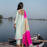 Green And Pink Cotton Kurta Set With Hand Embroidery