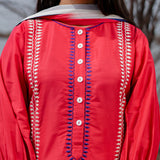 Red And Blue Cotton Kurta Set With Hand Embroidery