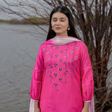 Pink And White Cotton Kurta Set With Hand Embroidery