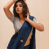 Blue Gota Patti Chinon Saree With Grey Cotton Silk Blouse