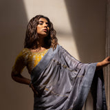 Grey Gota Patti Chinon Saree With Mustard Cotton Silk Blouse