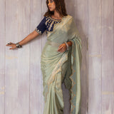 Pastel Green Gota Patti Chinon Saree With Navy Blue Cotton Silk Blouse