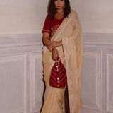 Cream Gota Patti Chinon Saree With Maroon Cotton Silk Blouse