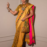 Mustard Hand Blocked Chinon Saree Set