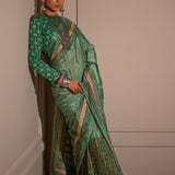 Pastel Green Hand Blocked Chinon Saree Set