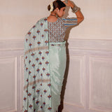 Pastel Blue Hand Blocked Chinon Saree Set