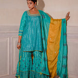 Turquoise Blue Chinon Gharara Set With Yellow Dupatta