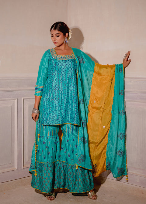 <img> Turquoise Blue Chinon Gharara Set With Yellow Dupatta
