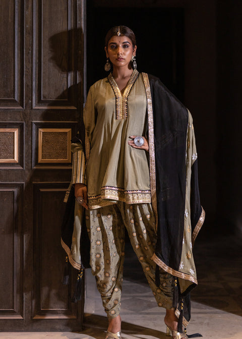<img> Olive Chinon Dhoti Suit Set