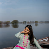 Green And Pink Cotton Kurta Set With Hand Embroidery
