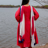 Red And Blue Cotton Kurta Set With Hand Embroidery