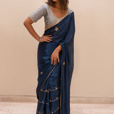 Blue Gota Patti Chinon Saree With Grey Cotton Silk Blouse