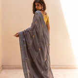 Grey Gota Patti Chinon Saree With Mustard Cotton Silk Blouse