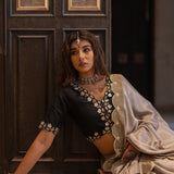 Beige Gota Patti Chinon Saree With Black Cotton Silk Blouse