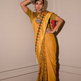 Mustard Hand Blocked Chinon Saree Set