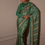 Pastel Green Hand Blocked Chinon Saree Set