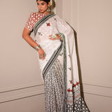 Monochrome Hand Blocked Chinon Saree Set