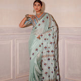 Pastel Blue Hand Blocked Chinon Saree Set