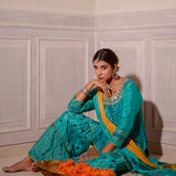 Turquoise Blue Chinon Gharara Set With Yellow Dupatta
