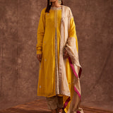 Yellow Pure Chinon Gota Patti Jacketed Suit Set