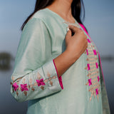Green And Pink Cotton Kurta Set With Hand Embroidery