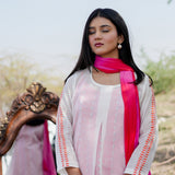 White And Pink Cotton Kurta Set With Hand Embroidery