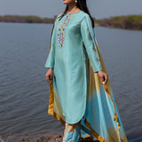 Blue Cotton Kurta Set With Hand Embroidery