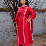 Red And Blue Cotton Kurta Set With Hand Embroidery