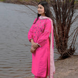 Pink And White Cotton Kurta Set With Hand Embroidery