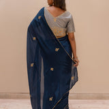 Blue Gota Patti Chinon Saree With Grey Cotton Silk Blouse
