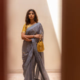 Grey Gota Patti Chinon Saree With Mustard Cotton Silk Blouse