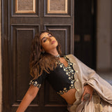 Beige Gota Patti Chinon Saree With Black Cotton Silk Blouse