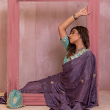Lavender Gota Patti Chinon Saree With Powder Blue Cotton Silk Blouse