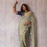 Pastel Green Gota Patti Chinon Saree With Navy Blue Cotton Silk Blouse