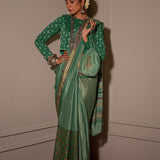 Pastel Green Hand Blocked Chinon Saree Set