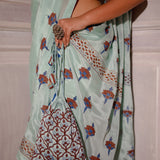 Pastel Blue Hand Blocked Chinon Saree Set