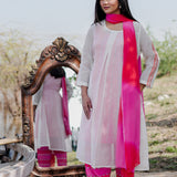 White And Pink Cotton Kurta Set With Hand Embroidery